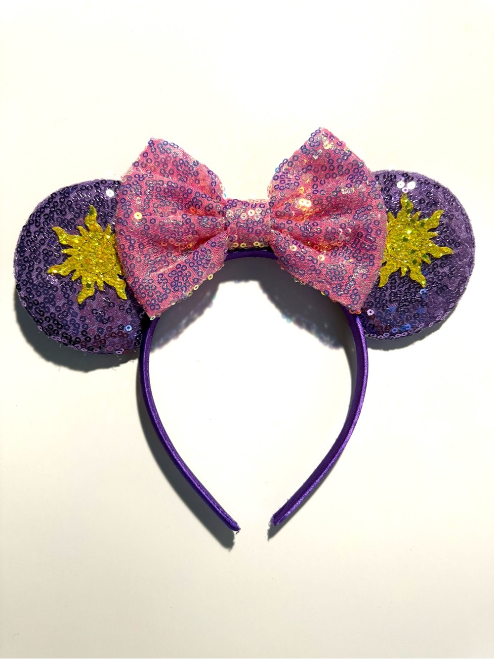 Rapunzel Sequin Mouse Ear Headband with Pink Bow - Purple & Yellow